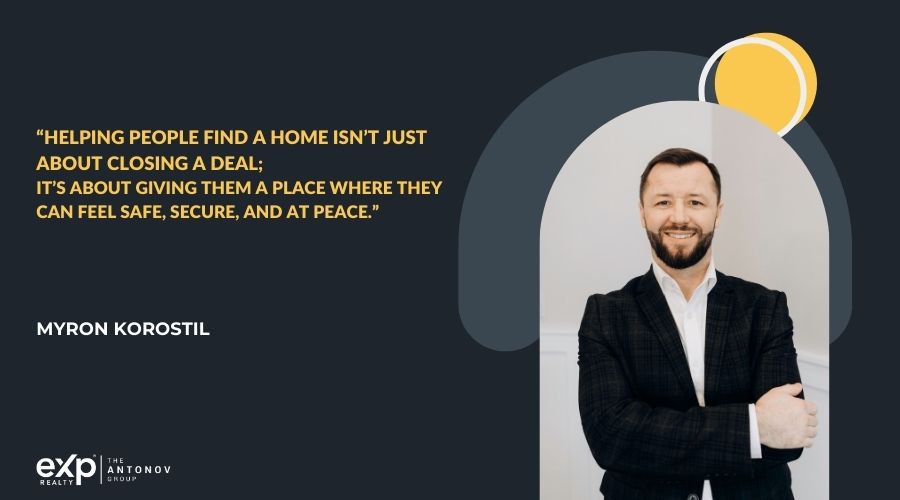 Team-branded graphic featuring a smiling portrait of Myron Korostil and his approach to helping clients